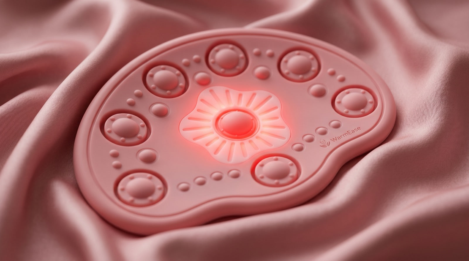 WarmEase warming comfort massager glowing on soft pink silk