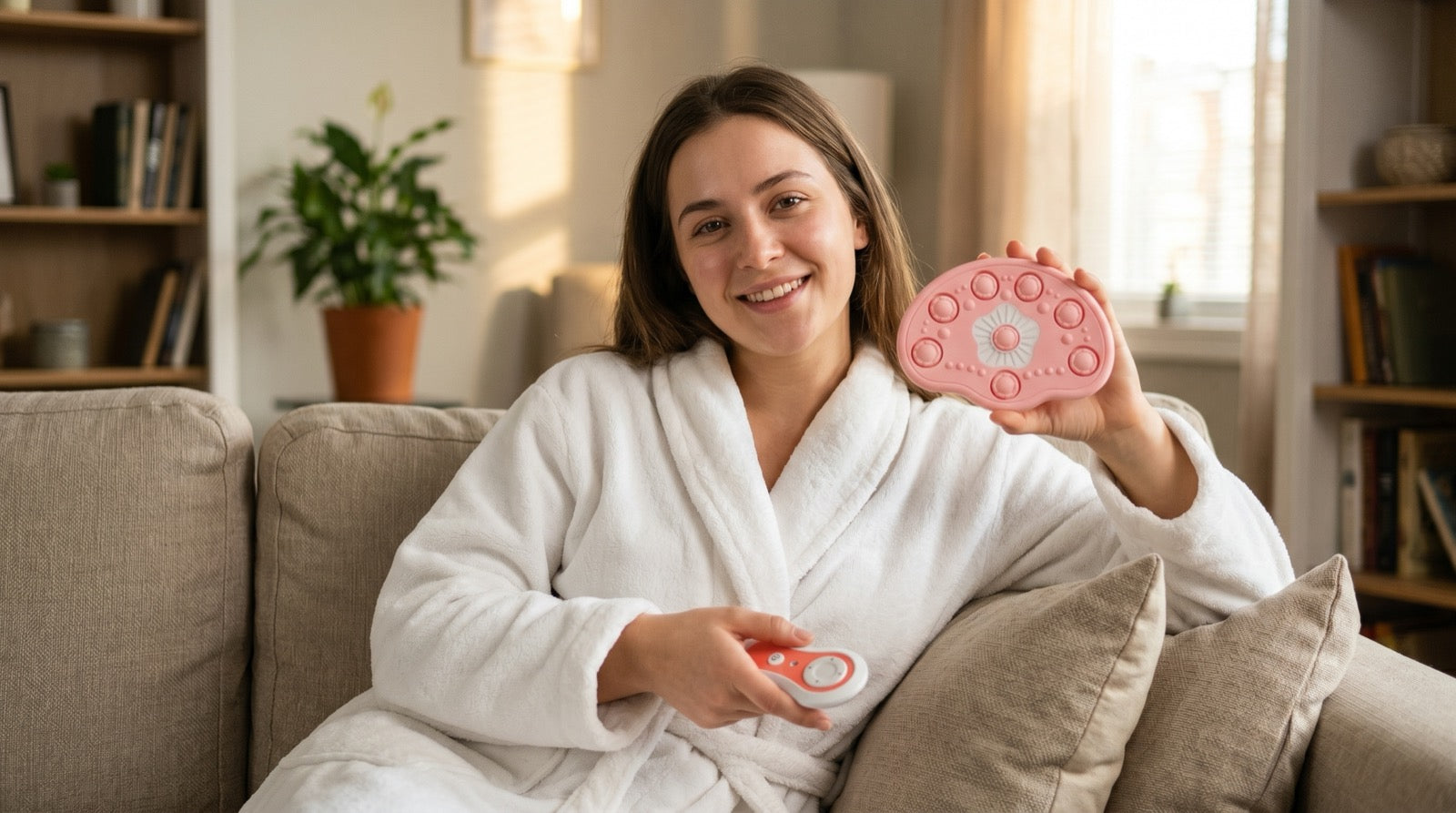 A woman relaxing at home with WarmEase